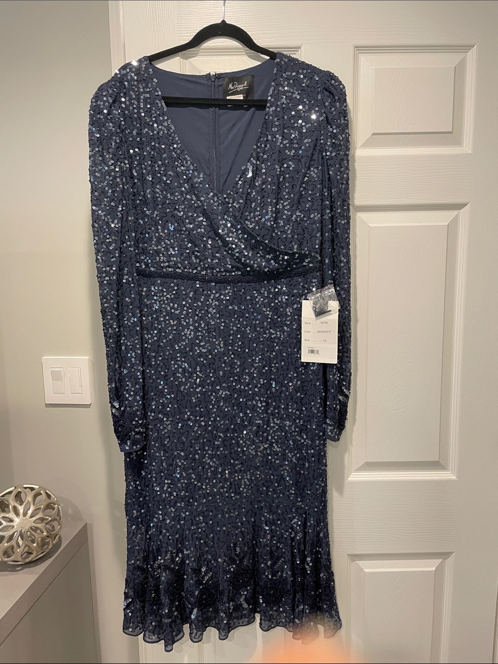 Mac Duggal Navy Sequin Wrap-Style Long Sleeve Midi Dress